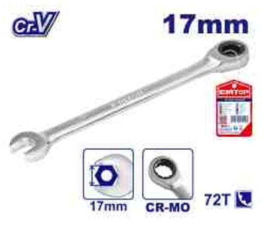High Quality 17mm Cr-V Chrome Plated Ratchet Spanner 72T 12-point - Professional Mechanic Hand Tool 230mm Length Premium Quality Matt Finish Chrome Ratchet Hand Tool